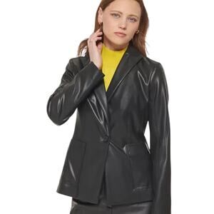 New with Tag Calvin Klein Navy Faux Leather Blazer Silver Buttons 6